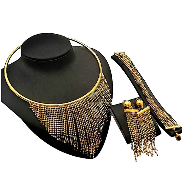 Gold Fringe Tassel Necklace Bracelet Earrings Matching Boho Set - Picture 11 of 13